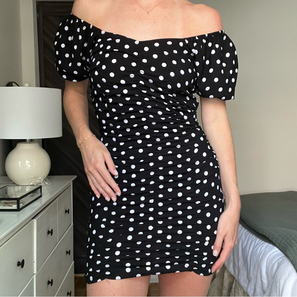 Off the shoulder mini tight polka dot dress.
